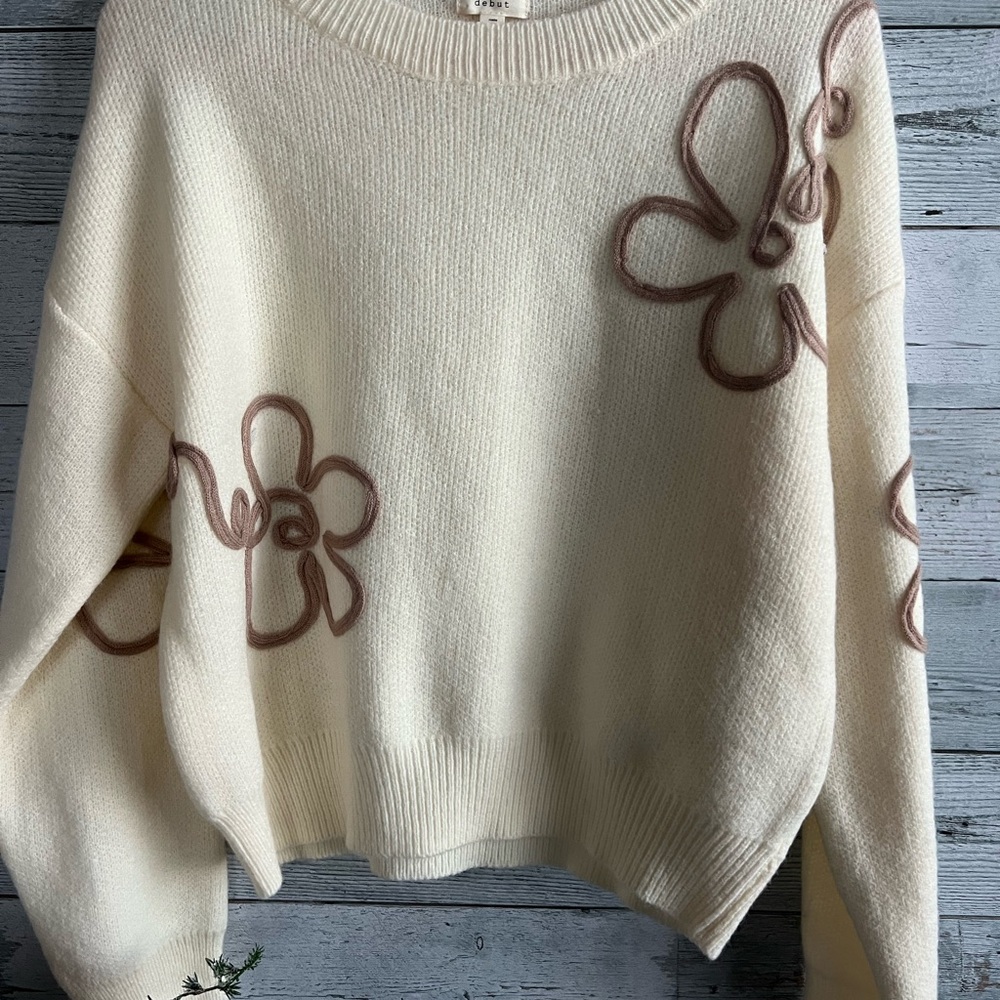 Beautiful cream colored sweater with brown embroidered flowers!